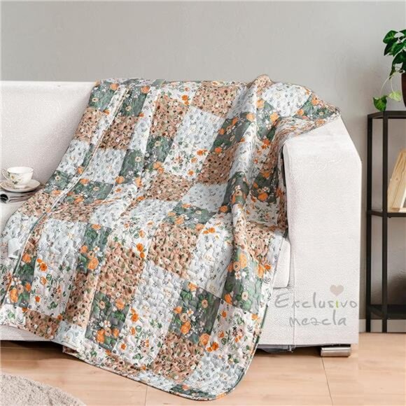 Boho Patchwork Pattern Quilted Throw Blanket for Bed/Couch/Sofa, Soft - Picture 2 of 7